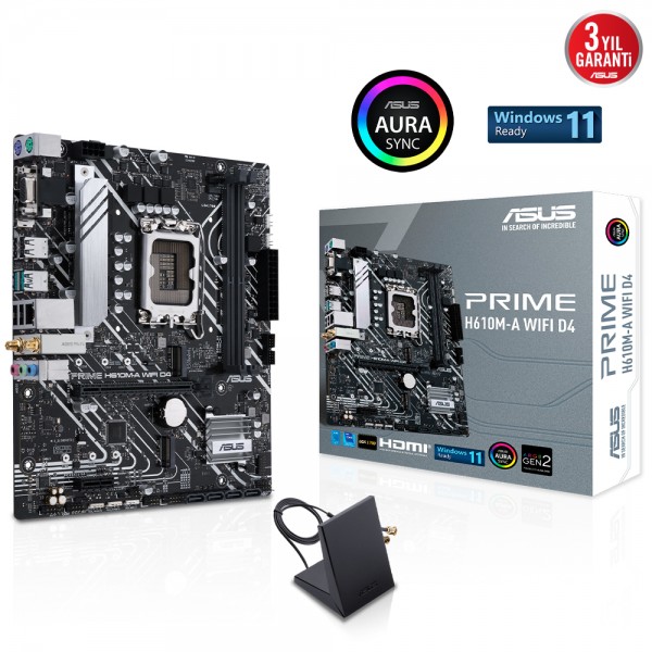 ASUS PRIME H610M-A WIFI D4 Intel H610 LGA1700 DDR4 3200 DP HDMI VGA Çift M2 USB3.2 AURA RGB mATX ASUS 5X PROTECTION III, Armoury Crate, AI Suite 3 1