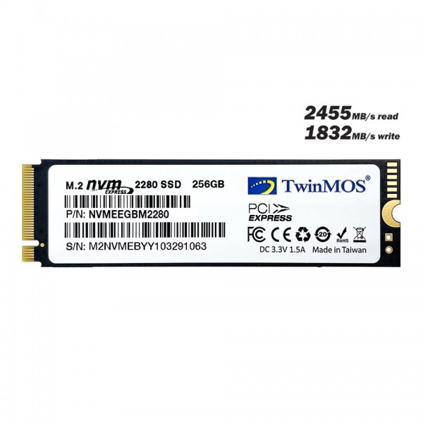 TwinMOS 256GB M.2 PCIe NVMe SSD (2455Mb-1832Mb/s) 3DNAND 3