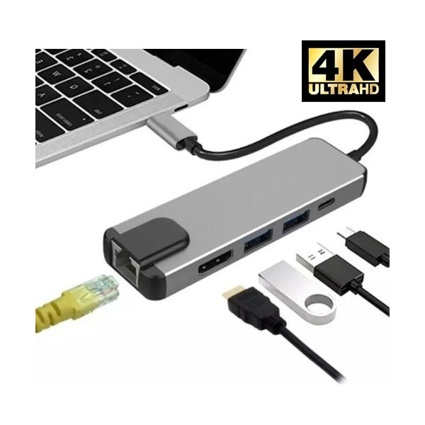 VİZY10 Macbook Uyumlu 5 In 1 Type-C To 2*usb 3.0 4K HDMI Gigabit Ethernet RJ45 Pd Çevirici Hub Adaptör 1